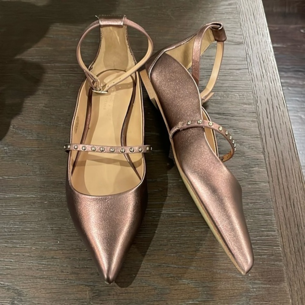 HALSTON Heritage metallic leather ankle strap flats, 6